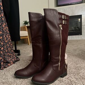 Burgundy Knee-High Boots with Buckles